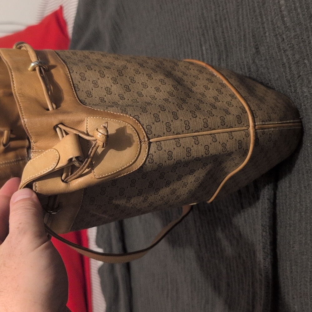 Authentic Gucci Tan Monogram Drawstring Shoulder … - image 4